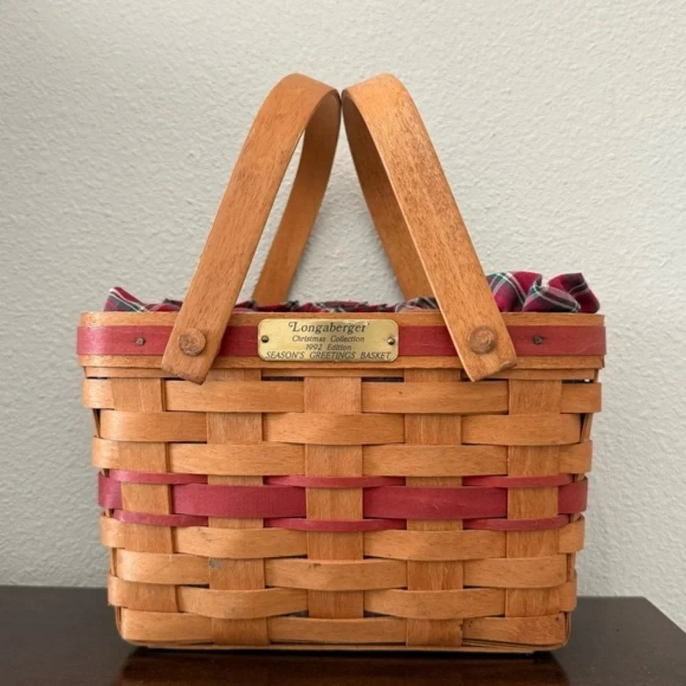 1992 Longaberger Season’s Greetings Plaid Liner Basket Christmas Decor Holiday